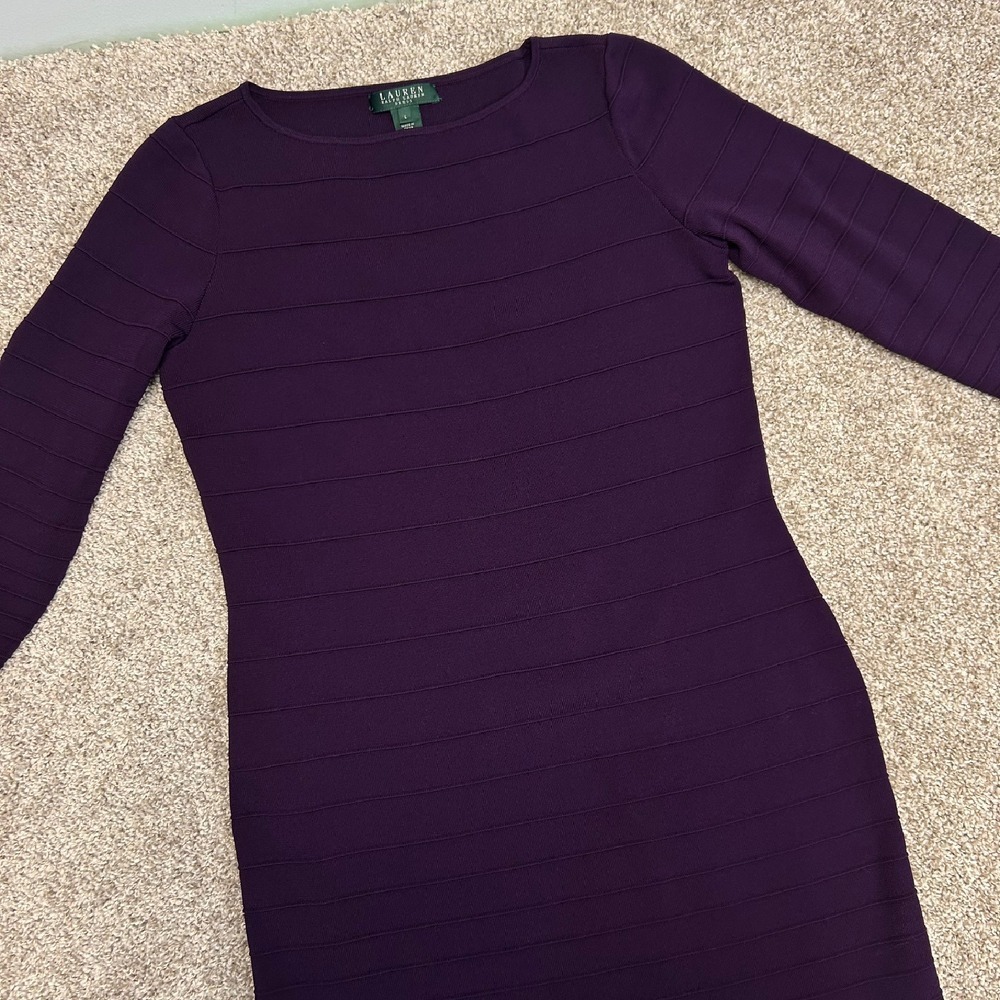 Lauren Ralph Lauren Women Dress Size Large Purple Fitted 3/4 Sleeve‎ Stretch